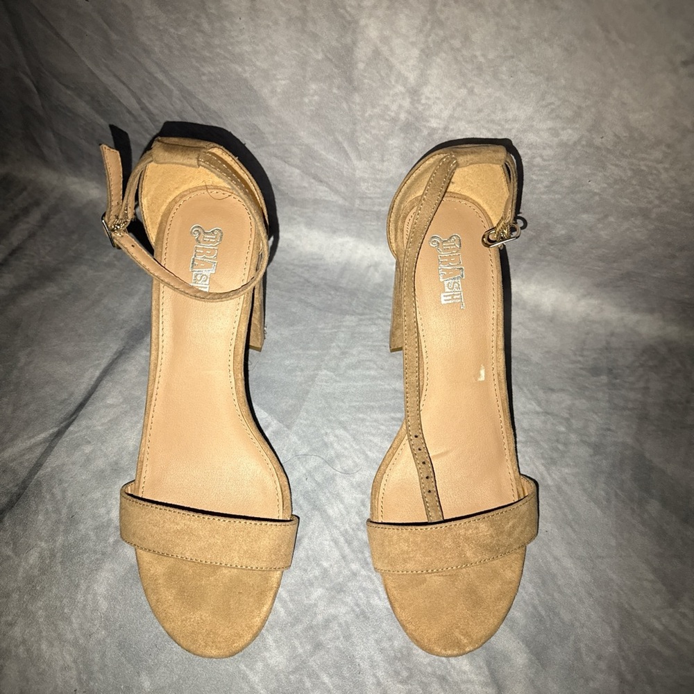 JustFab Tan Minimalist Block Heel Sandals